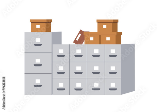 File cabinet, office furniture for document storage. Business archive, confidential data management, organization. Metal drawers, cases and boxes. Flat vector illustration isolated on white background