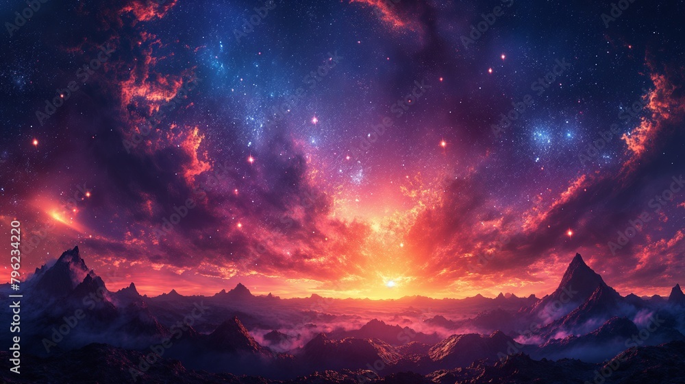 Colorful sunset over mountains with clouds and stars.