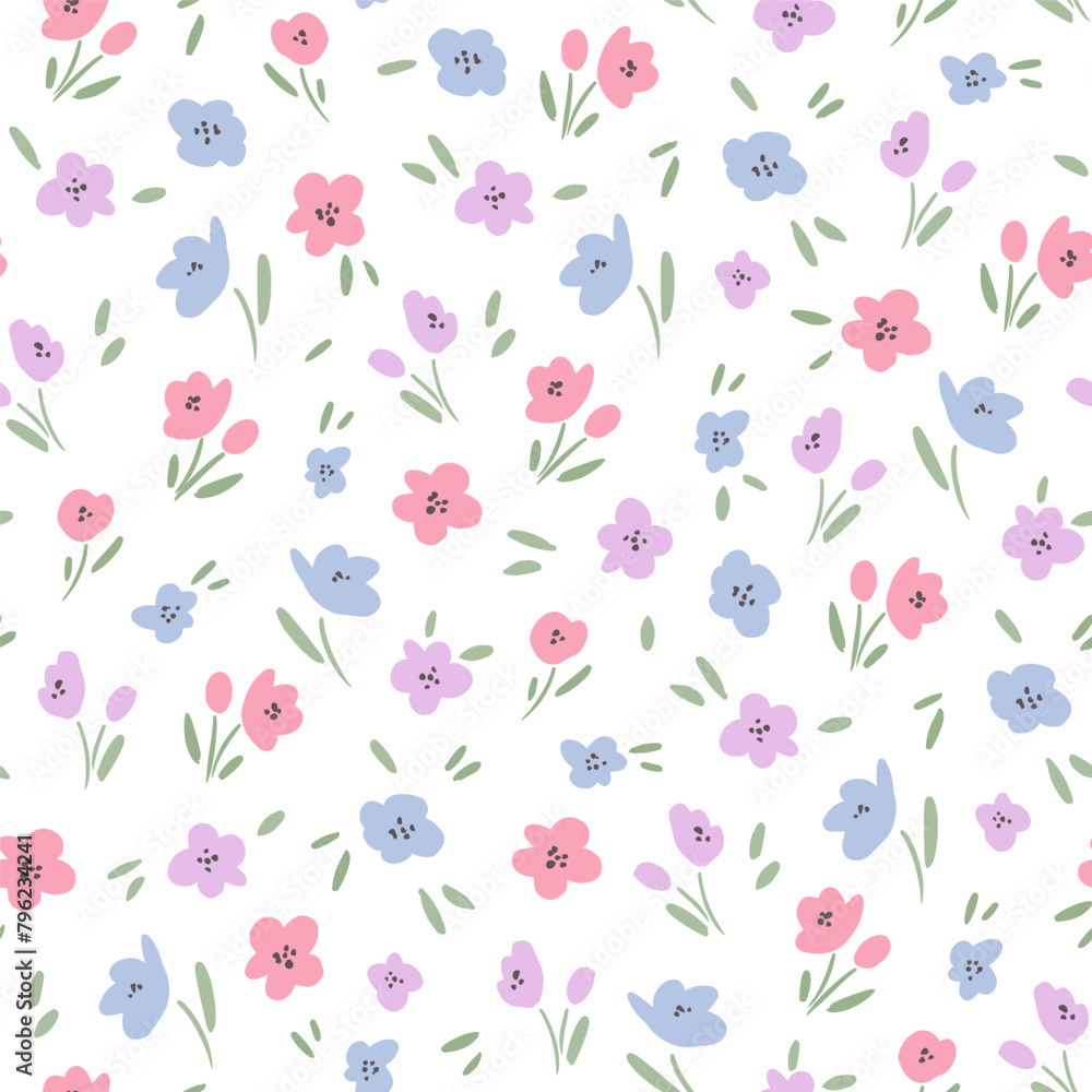 Simple floral pattern. Vector seamless texture with pink and blue flowers on white background Simple floral pattern. Vector seamless texture with pink and blue flowers on white background