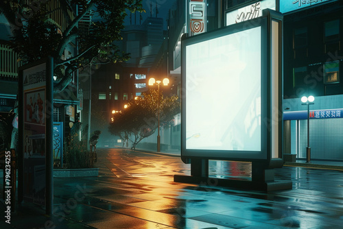 White blank billboard mockup, vertical, night sidewalk stand Cinematic 