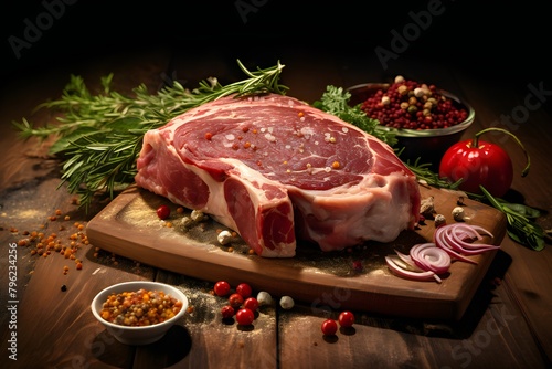 Raw organic beef steaks with spices on a wooden cutting board, generated by AI