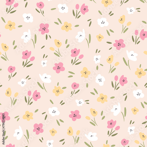 Simple floral pattern. Vector seamless texture with pink and yellow flowers on beige background