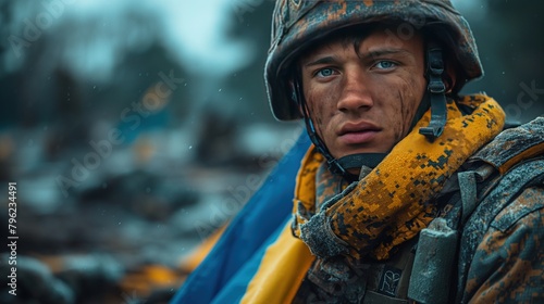 A handsome Ukrainian soldier in uniform is looking at the camera. Portrait.