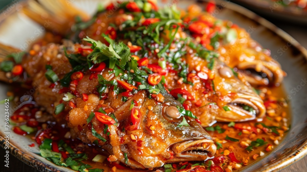 Close-up of a plate of crispy fried fish topped with sweet chili sauce and aromatic herbs
