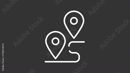 Animated route white icon. Road and location pins line animation. Travel planning. Navigation and tracking. Isolated illustration on dark background. Transition alpha video. Motion graphic photo