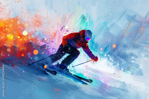 A skier descends a snowy slope, with a colorful burst of lights highlighting the action. photo