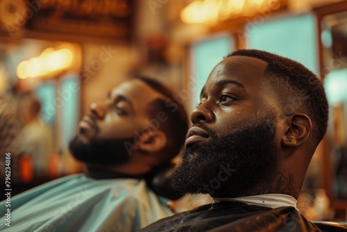 a man is sitting in haircutting chair in a barber shop. generative ai