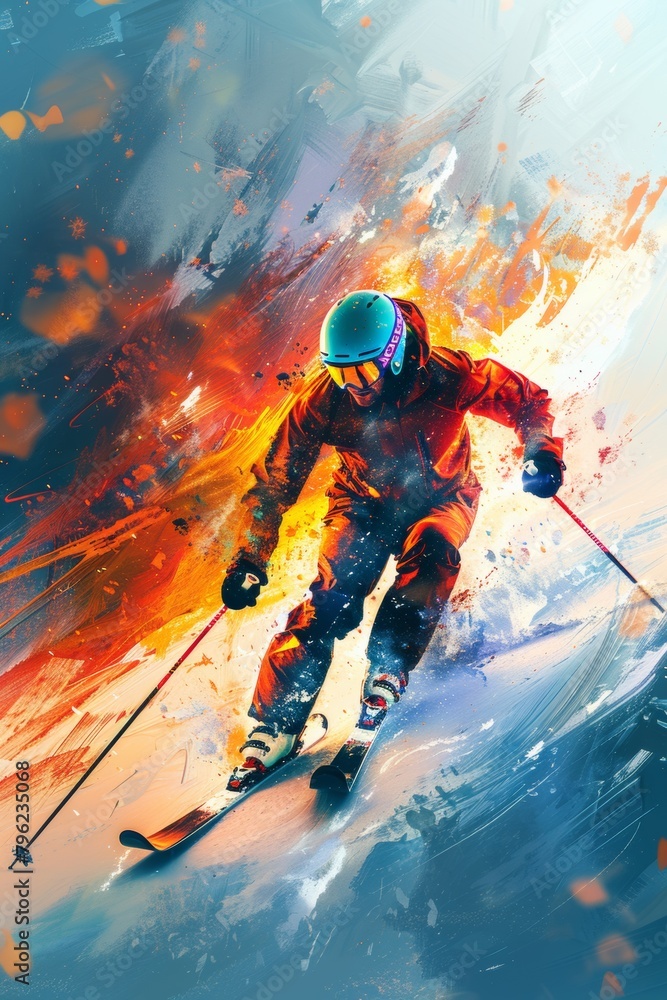 A skier descends a snowy slope, with a colorful burst of lights highlighting the action.