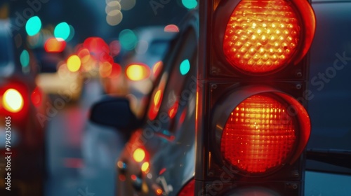Close-up of a red traffic light signaling a halt to the flow of vehicles, contributing to congestion photo