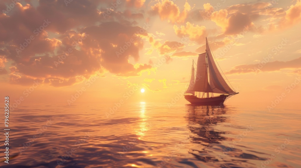 Close-up of a sailboat sailing into the sunrise on a calm sea, embarking on a journey of discovery