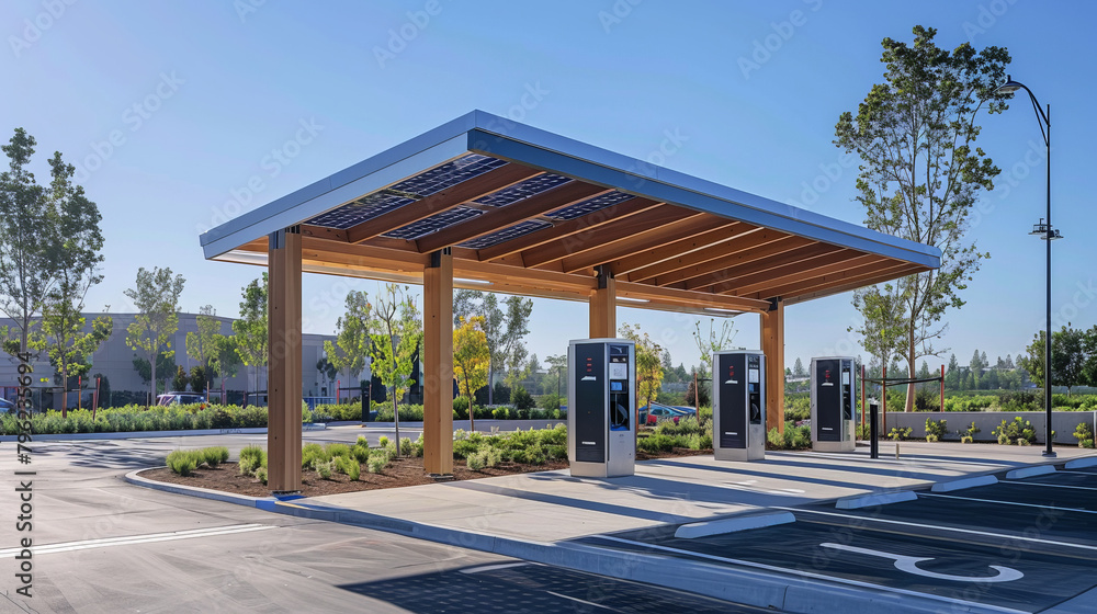 Electric vehicle charging station at a corporate park, integrated solar panels overhead