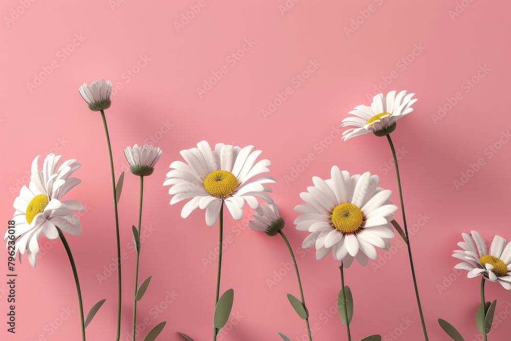 Beautiful white daisies contrasted against a soft pink background. Perfect for spring or nature-themed designs Beautiful white daisies contrasted against a soft pink background. Perfect for spring or nature-themed designs