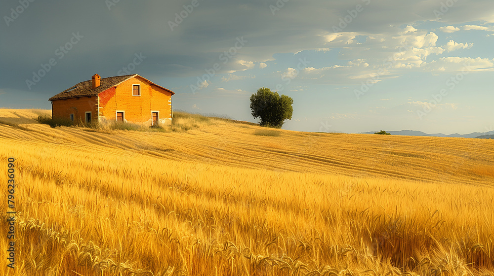 A small house is in the middle of a field of tall golden wheat A small house is in the middle of a field of tall golden wheat