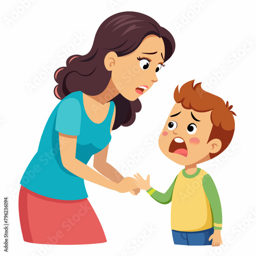 Mother is disciplining her child and the boy cry so sad, solid white background (12)