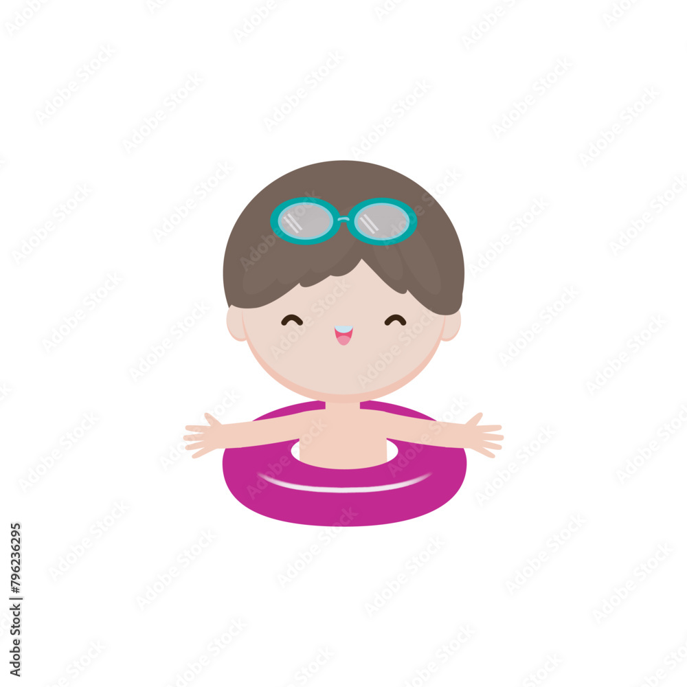 Kid wearing float rings, Cute Kids cartoon Pool party characters, child spending holidays in seaside or swimming pool on white background Vector illustration