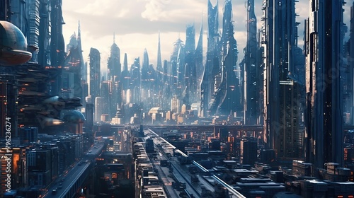 cyberpunk city with tall and huge futuristic skyscrapers with tall towers