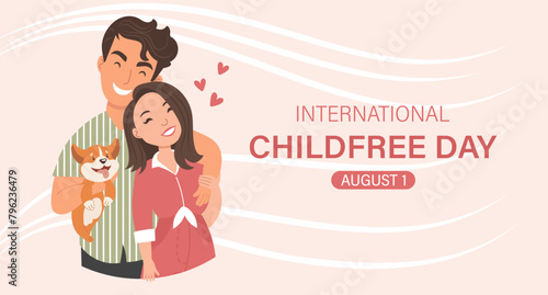 International Childfree Day banner. Happy young married couple without children. Childfree ideology. Voluntary childlessness. Illustration