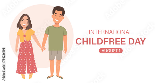 International Childfree Day banner. Happy young married couple without children. Childfree ideology. Voluntary childlessness. Illustration