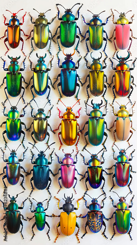 A large collection of colorful beetles on a white wall.