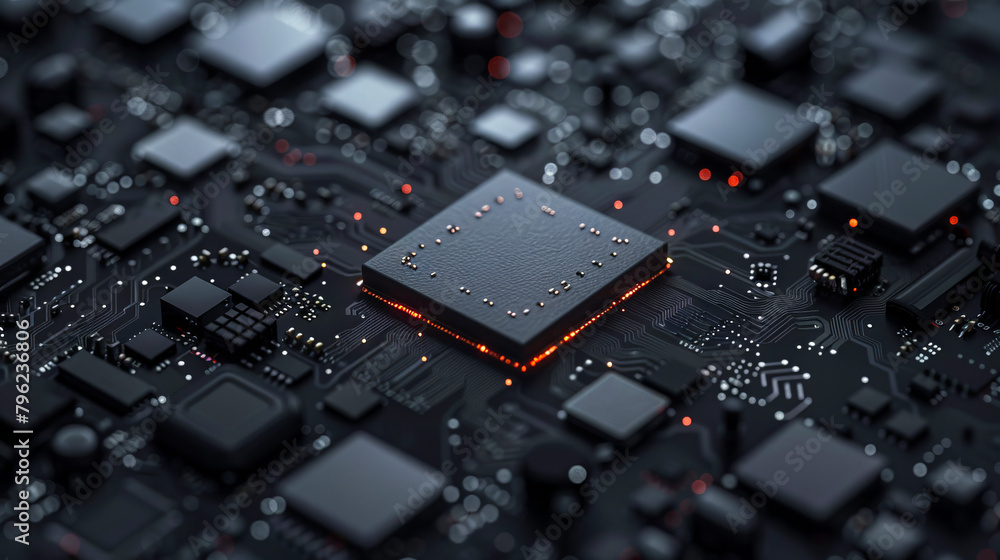 A close up of a black computer chip. A close up of a black computer chip.