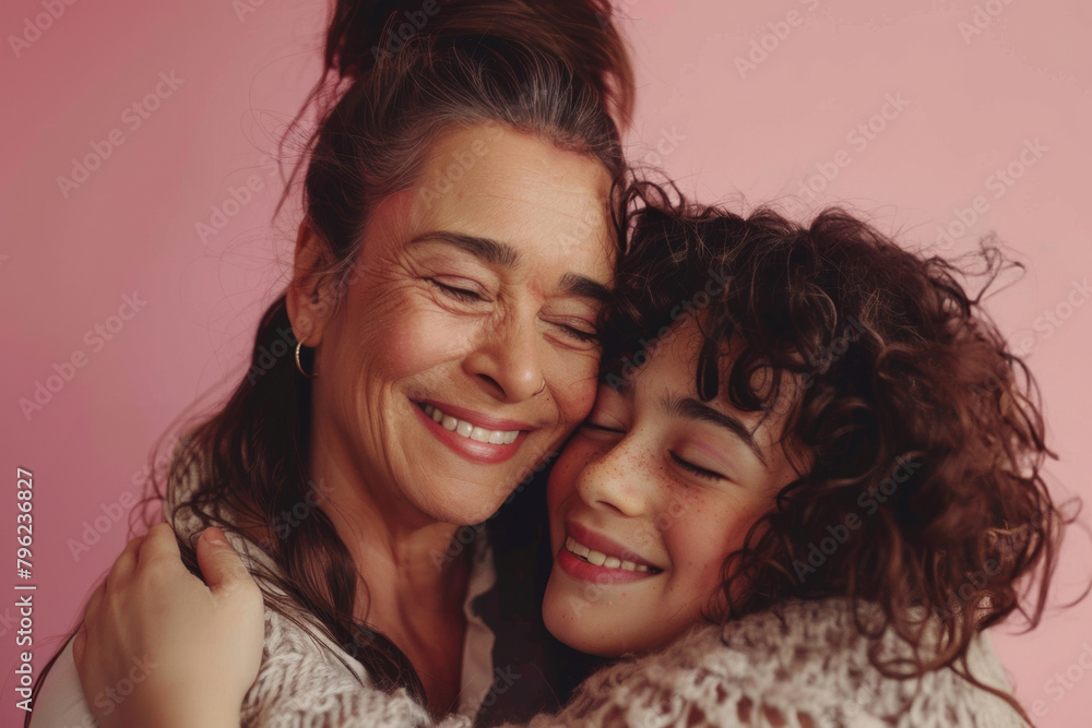 Mom, girl and happy with hug in studio on pink background for mothers day, appreciation and support. Closeup, parent, and daughter with smile for care, love and affection for joy, satisfied as family Mom, girl and happy with hug in studio on pink background for mothers day, appreciation and support. Closeup, parent, and daughter with smile for care, love and affection for joy, satisfied as family