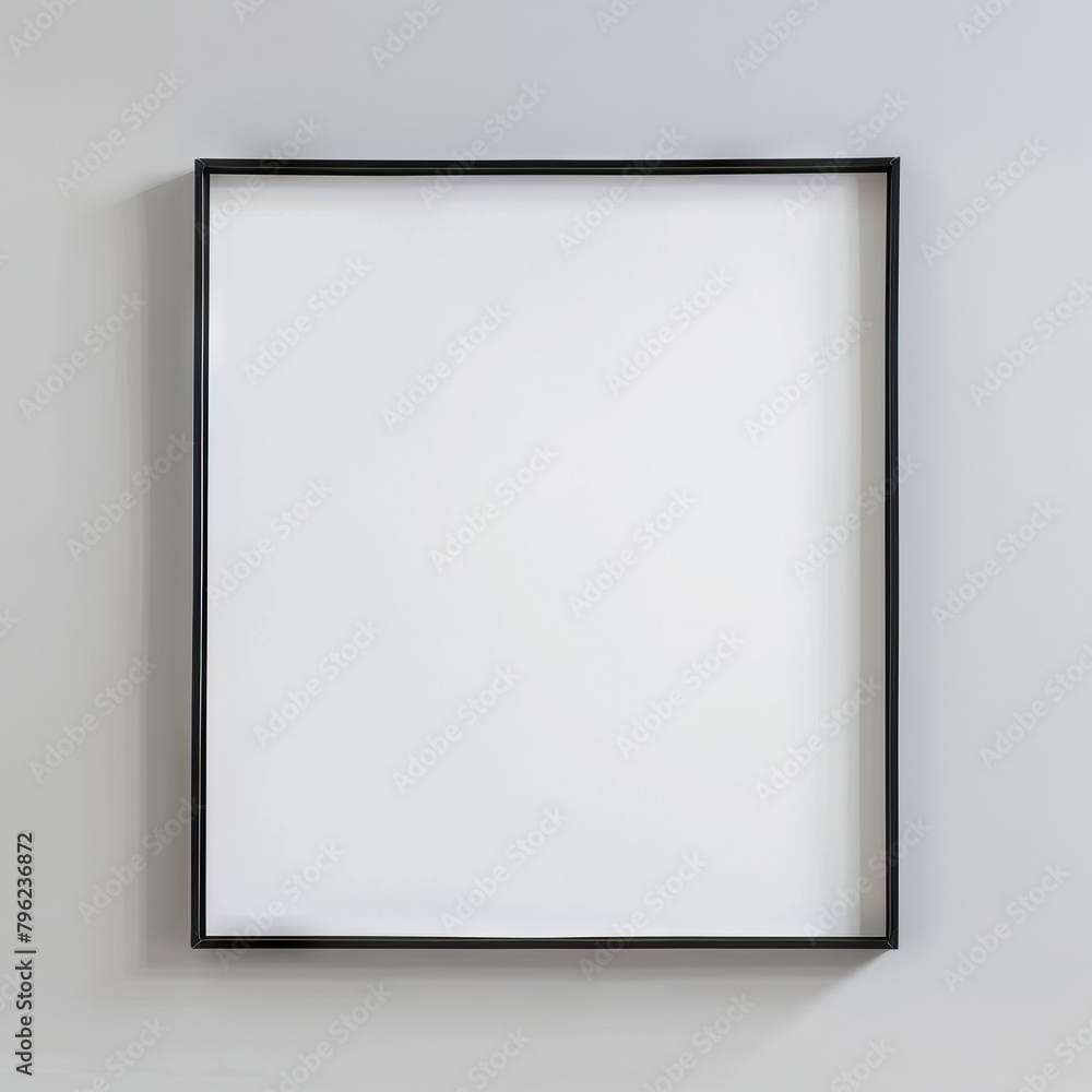 A black frame with white paper on a white wall.