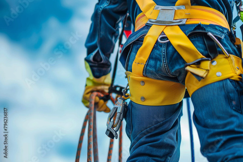 Worker securing safety harness at high altitude commitment to safety