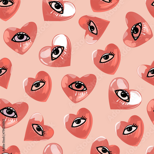 Heart with eye pattern. Valentine pattern. Red love heart seamless pattern illustration