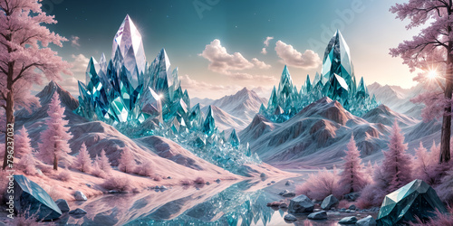 Generate an image of a crystalline landscape where everything, from trees to mountains, is made of sparkling gemstones. The light should refract and create dazzling patterns across the scene photo