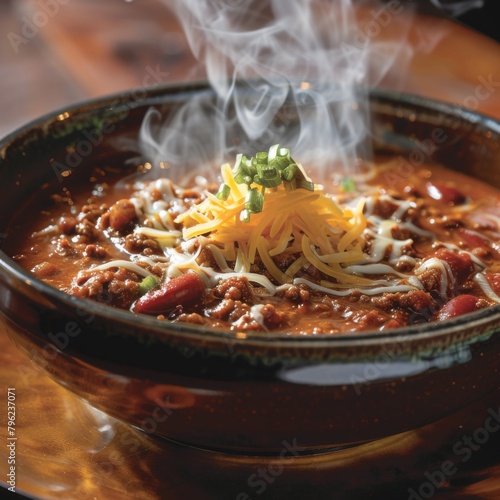 Close-up of a steaming bowl of chili topped with shredded cheese and Job