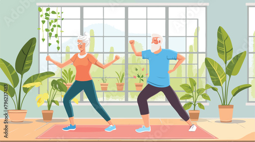 Elderly couple doing morning exercises at home. Active