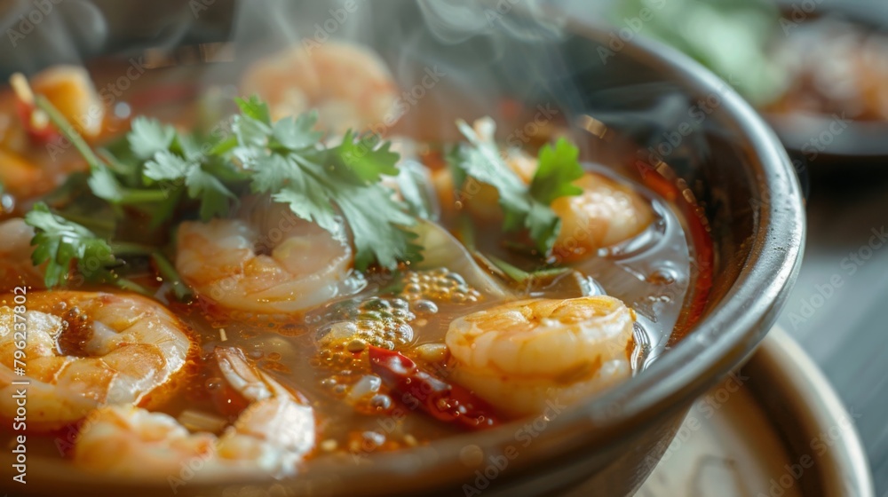 Close-up of a steaming bowl of spicy tom yum soup garnished with fresh herbs and shrimp Close-up of a steaming bowl of spicy tom yum soup garnished with fresh herbs and shrimp