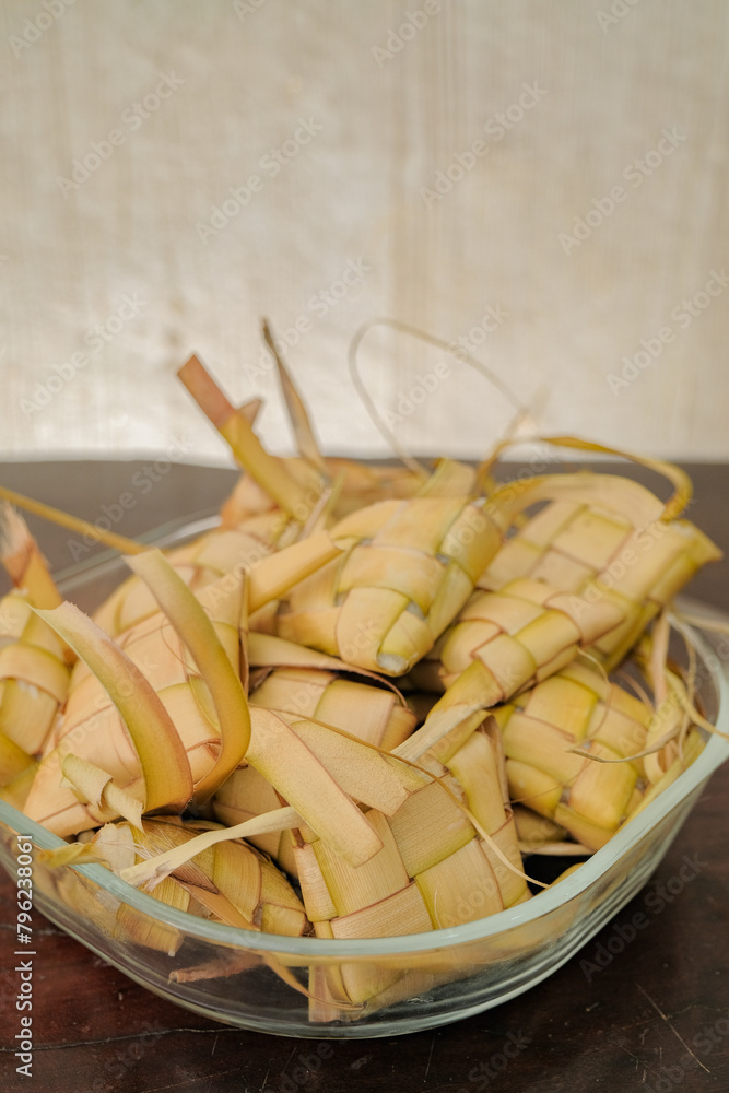 Ketupat rice dumpling special dish at ied mubarak on table wood