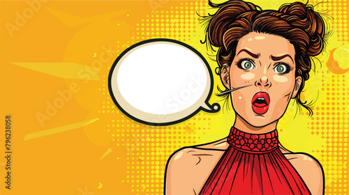 Shocked young woman with blank speech bubble on yellow