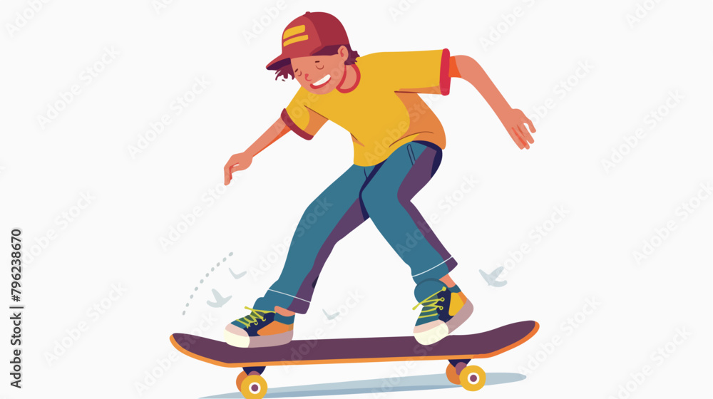 Skateboarder riding skateboard. Young skater training