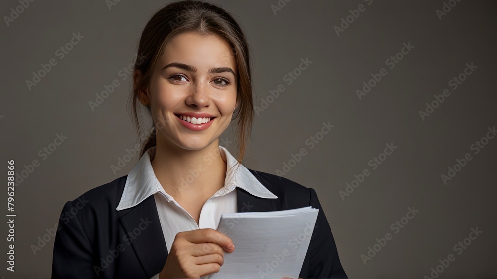 Film producer 25 year old woman with papers in hand looking sideways with confident smile blushing face
