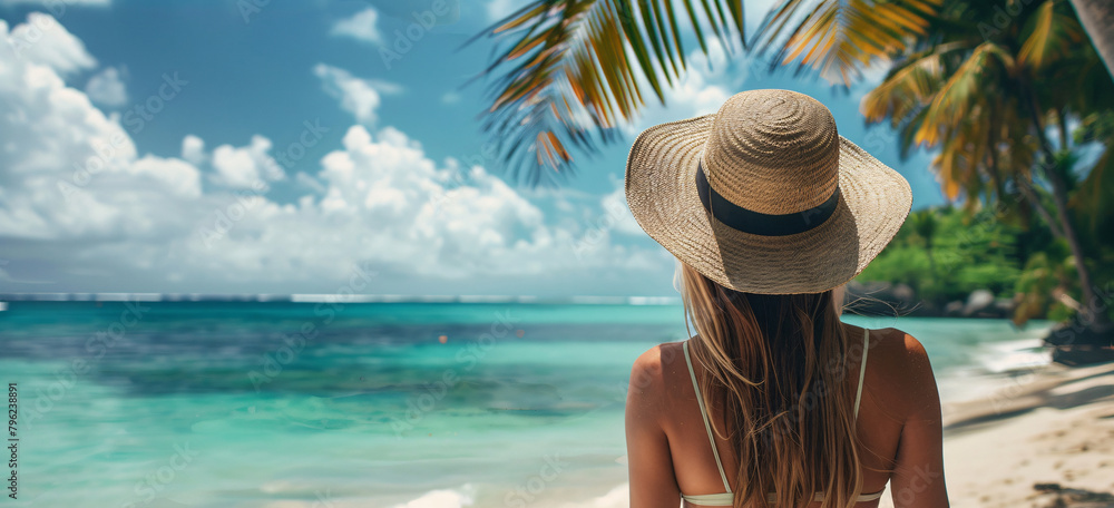 back view of woman on summer background with copy space