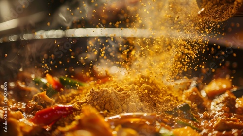 Close-up of golden curry powder being sprinkled over a bubbling pot of curry stir-fry, releasing its fragrant aroma
