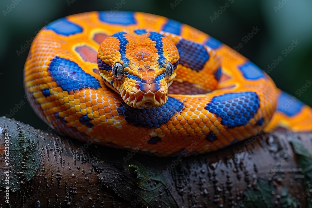 Red-tailed Boa Constrictor: Wrapped around a tree branch with vibrant colors and smooth texture.