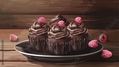 Slate plate with tasty chocolate cupcakes on wooden 