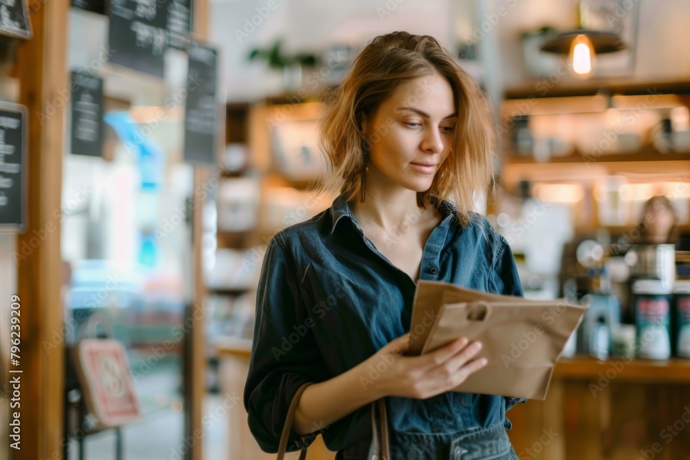 A woman shopping in a store with a mobile phone A woman shopping in a store with a mobile phone
