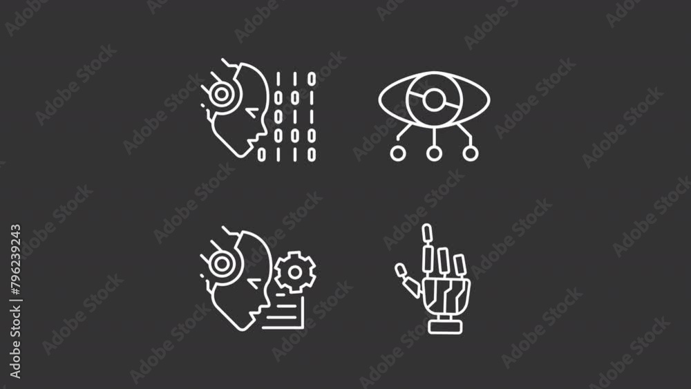 AI tech white line animation library. Animated robot parts icons. Programming and surveillance system. Isolated illustrations on dark background. Transition alpha. HD video. Icon pack AI tech white line animation library. Animated robot parts icons. Programming and surveillance system. Isolated illustrations on dark background. Transition alpha. HD video. Icon pack