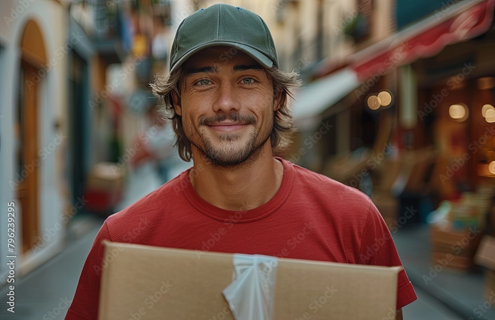 Cheerful young Caucasian delivery man in red t-shirt and cap carries cardboard box Cheerful young Caucasian delivery man in red t-shirt and cap carries cardboard box