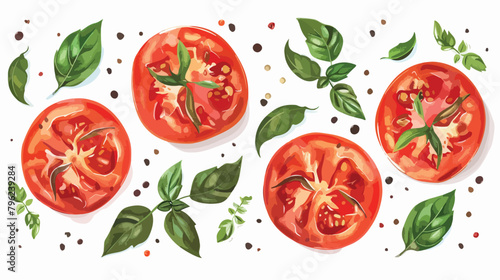 Sliced tomatoes with fresh basil and spices on white