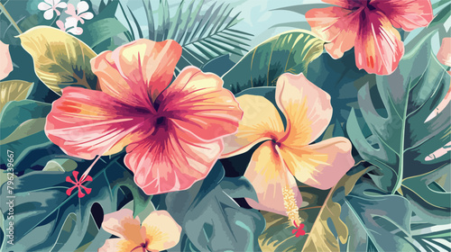 Exotic tropical flowers in pastel colors with ornamen photo