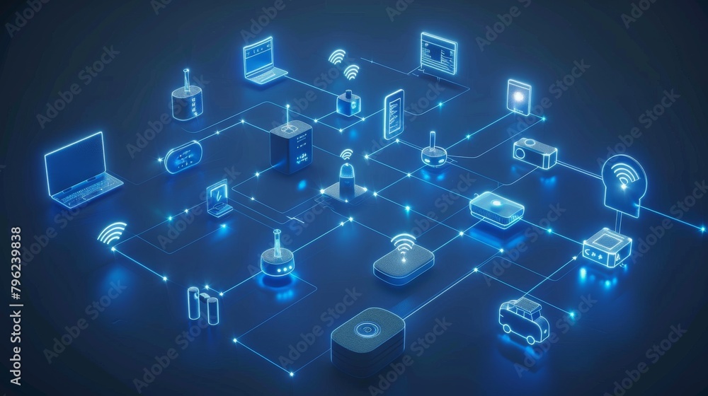 Network of Connected IoT Devices with Blue Neon Lights on Dark Background
Network of Connected IoT Devices with Blue Neon Lights on Dark Background