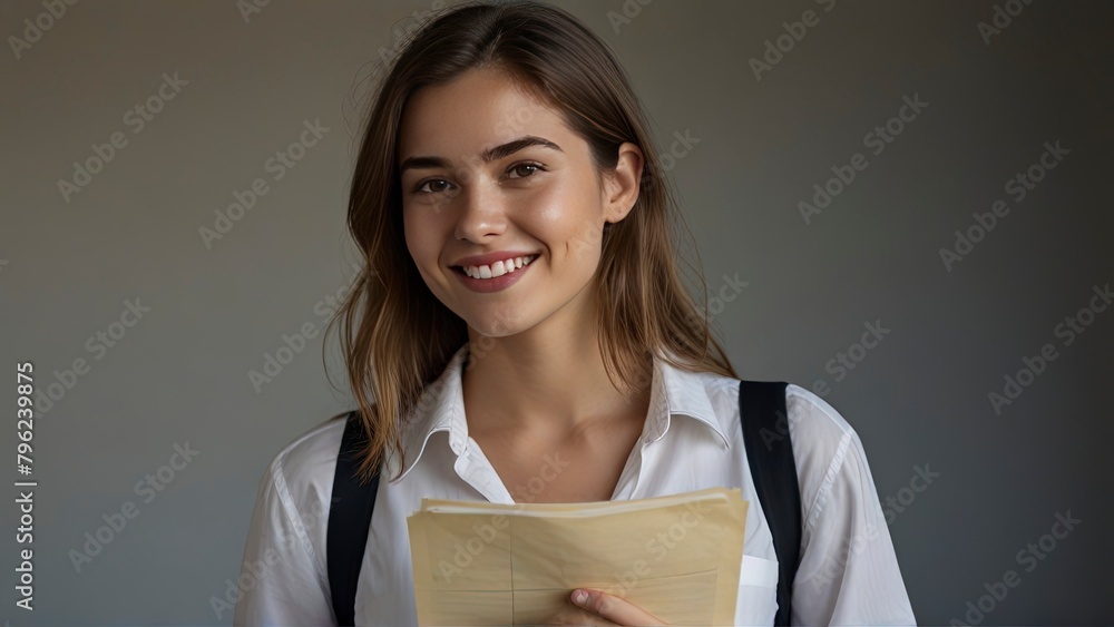 Obraz premium Film producer 25 year old woman with papers in hand looking sideways with confident smile blushing face 