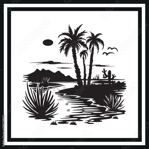 Desert oasis black silhouette clipart on white background
