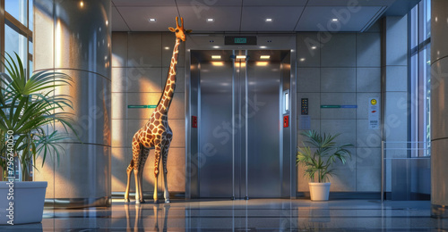 A giraffe, towering over the elevators interior, stands calmly next to a lush, green plant as the elevator ascends or descends photo