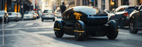 A sleek, modern car with advanced technology navigates the bustling city streets filled with skyscrapers and pedestrians